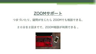 ZOOMサポート
つまづいたり、疑問が生じたら ZOOMでも相談できる。
２０分を２回までで、ZOOM相談が利用できる 。
 
