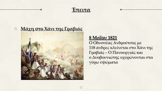 Έπειτα
○ Μάχη στο Χάνι της Γραβιάς
17
8 Μαΐου 1821
Ο Οδυσσέας Ανδρούτσος με
118 άνδρες κλείνεται στο Χάνι της
Γραβιάς – Ο Πανουργιάς και
ο Δυοβουνιώτης οχυρώνονται στα
γύρω υψώματα
 