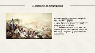Τι συμβαίνει σε αυτή τη μάχη
18
Μεγάλες οι απώλειες των Τούρκων
στο Χάνι της Γραβιάς
Ο Ομέρ Βρυώνης περιμένει να έρθουν
κανόνια από τη Λαμία
 Ο Ανδρούτσος και οι άντρες του
καταφέρνουν να περάσουν ανάμεσα
από τους Τούρκους χωρίς να γίνουν
αντιληπτοί
 