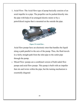 29
1. Axial Flow: The Axial flow type of pump basically consists of an
axial impeller in a pipe. The propeller can be push...