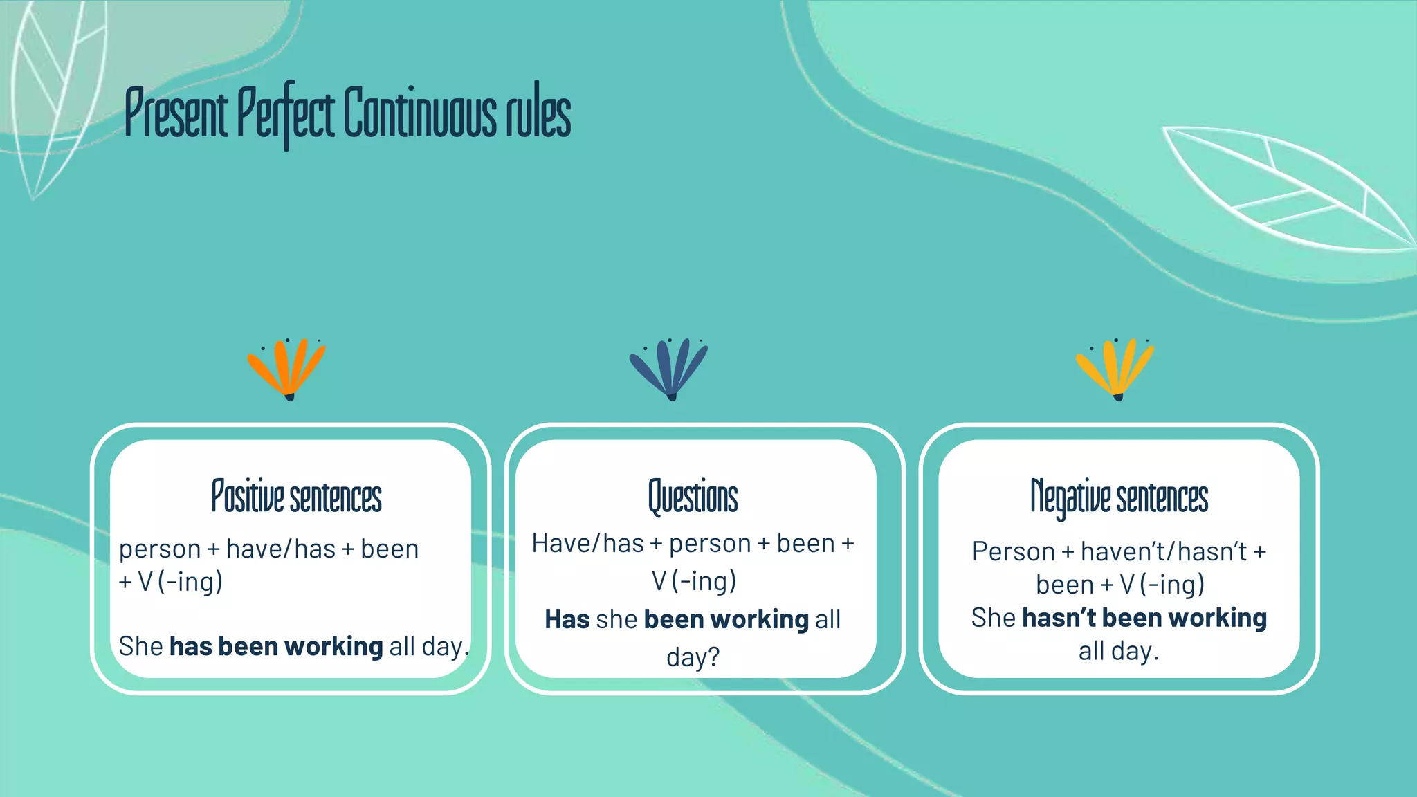 Negativesentences
Positivesentences
Person + haven’t/hasn’t +
been + V (-ing)
She hasn’t been working
all day.
person + have/has + been
+ V (-ing)
She has been working all day.
PresentPerfectContinuousrules
Have/has + person + been +
V (-ing)
Has she been working all
day?
Questions
 