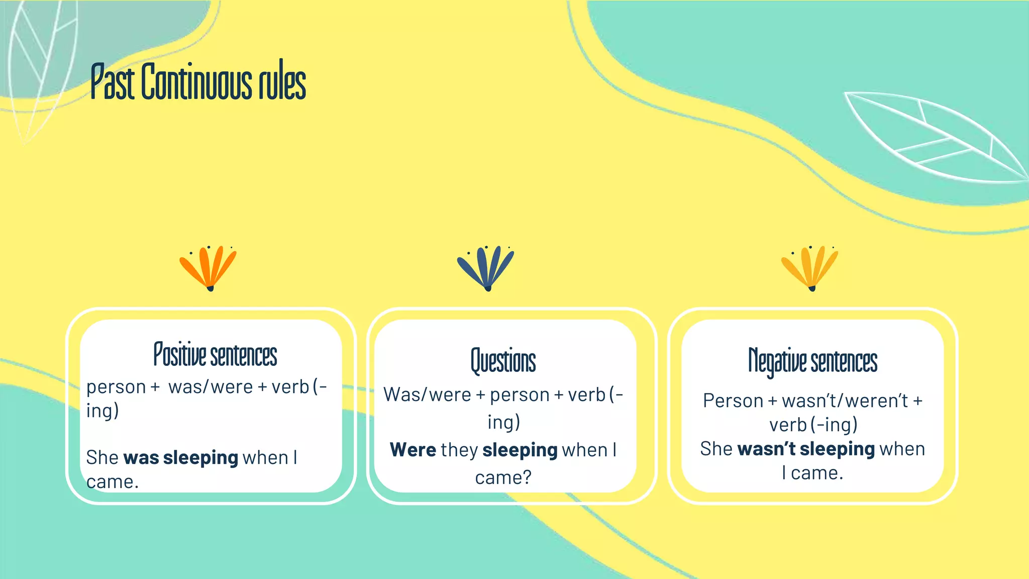 Negativesentences
Positivesentences
Person + wasn’t/weren’t +
verb (-ing)
She wasn’t sleeping when
I came.
person + was/were + verb (-
ing)
She was sleeping when I
came.
PastContinuousrules
Was/were + person + verb (-
ing)
Were they sleeping when I
came?
Questions
 