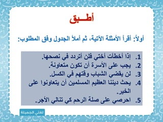 ً‫َل‬‫أو‬
:
‫المبلوب‬ ‫واق‬ ‫الجدول‬ ‫أمأل‬ ‫ث‬ ‫اآلتية‬ ‫األمثلة‬ ‫أقرأ‬
:
‫أبـــبق‬
.1
‫أخبأ‬ ‫إذا‬
‫ت‬
‫نصحها‬ ‫ا‬ ‫أتردد‬ ‫الن‬ ‫أخت‬
.
.2
‫متعاونة‬ ‫تكون‬ ‫أن‬ ‫األسرة‬ ‫على‬ ‫يجب‬
.
.3
‫الكسل‬ ‫ا‬ ‫وقته‬ ‫الشباب‬ ‫يقض‬ ‫لن‬
.
.4
‫ع‬ ‫يتعاونوا‬ ‫أن‬ ‫المسلمين‬ ‫العظي‬ ‫ديننا‬ ‫يحث‬
‫لى‬
‫الخير‬
.
.5
‫األجر‬ ‫تنال‬ ‫ك‬ ‫الرح‬ ‫صلة‬ ‫على‬ ‫احرص‬
.
 