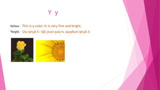 Y y
Yellow – This is a color. It is very fine and bright.
Դեղին – Սա գույն է: Այն շատ լավ ու պայծառ գույն է:
 