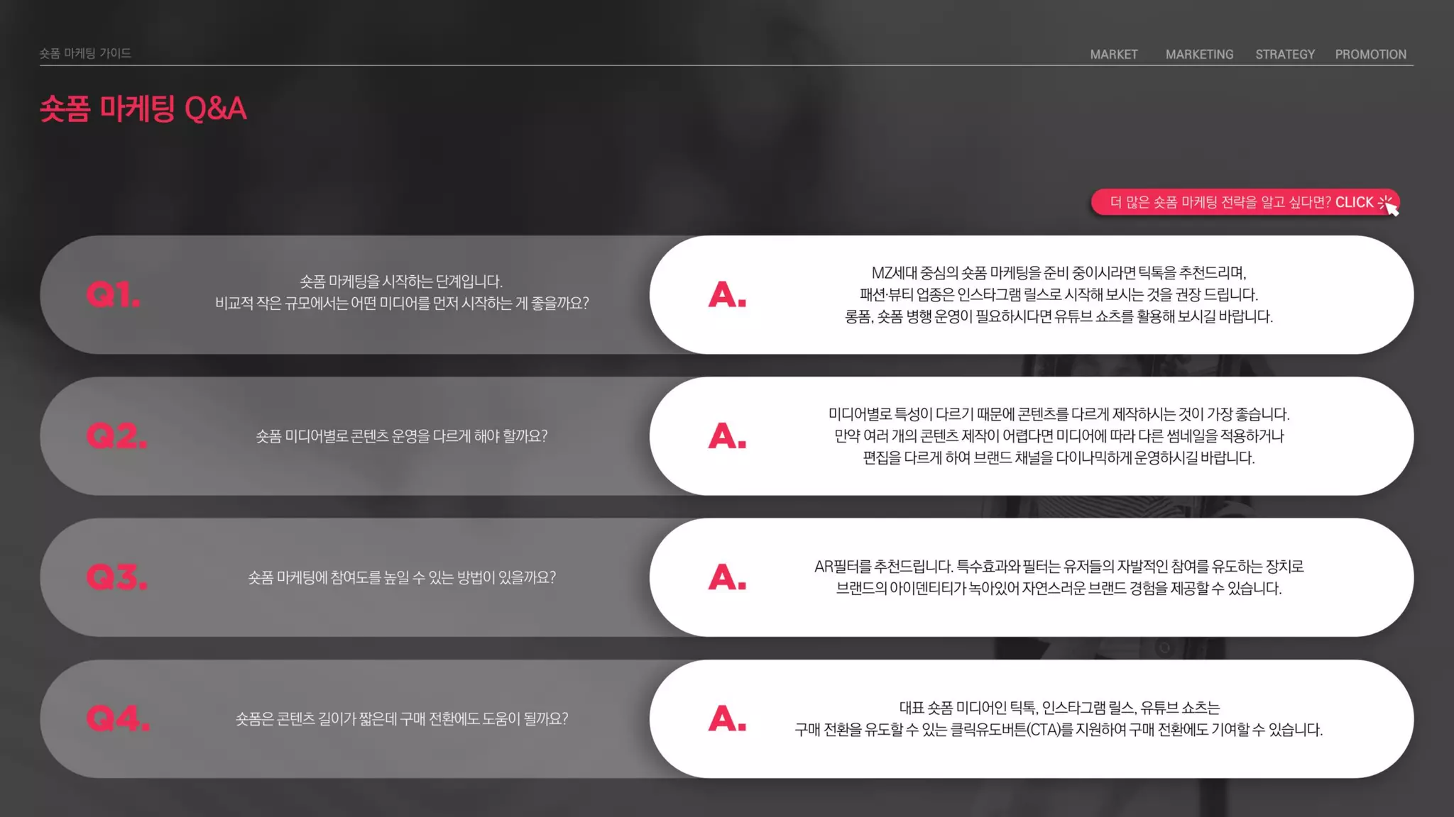 숏폼 마케팅 Q&A
숏폼 마케팅을 시작하는 단계입니다.
비교적 작은 규모에서는 어떤 미디어를 먼저 시작하는 게 좋을까요?
MZ세대 중심의 숏폼 마케팅을 준비 중이시라면 틱톡을 추천드리며,
패션〮뷰티 업종은 인스타그램 릴스로 시작해 보시는 것을 권장 드립니다.
롱폼, 숏폼 병행 운영이 필요하시다면 유튜브 쇼츠를 활용해 보시길 바랍니다.
숏폼 미디어별로 콘텐츠 운영을 다르게 해야 할까요?
미디어별로 특성이 다르기 때문에 콘텐츠를 다르게 제작하시는 것이 가장 좋습니다.
만약 여러 개의 콘텐츠 제작이 어렵다면 미디어에 따라 다른 썸네일을 적용하거나
편집을 다르게 하여 브랜드 채널을 다이나믹하게 운영하시길 바랍니다.
숏폼 마케팅에 참여도를 높일 수 있는 방법이 있을까요?
AR필터를 추천드립니다. 특수효과와 필터는 유저들의 자발적인 참여를 유도하는 장치로
브랜드의 아이덴티티가 녹아있어 자연스러운 브랜드 경험을 제공할 수 있습니다.
숏폼은 콘텐츠 길이가 짧은데 구매 전환에도 도움이 될까요?
대표 숏폼 미디어인 틱톡, 인스타그램 릴스, 유튜브 쇼츠는
구매 전환을 유도할 수 있는 클릭유도버튼(CTA)를 지원하여 구매 전환에도 기여할 수 있습니다.
더 많은 숏폼 마케팅 전략을 알고 싶다면? CLICK
 