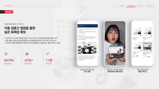 콜라보레이션 제품 기획
MOU 체결
마이크로 틱톡커들을 활용한
콜라보레이션 제품 바이럴
대세감 형성을 통해
제품 구매 유도
콜라보형
2-2
이종 업종간 협업을 통한
높은 화제성 확보
• 1020대가 주 타겟인 화장품 브랜드 ‘이니스프리’는 틱톡과 함께 한정판 제품 기획
• 이종 업종간 콜라보레이션을 통해 높은 화제성을 확보하고 소비자의 호기심 유도
• 마이크로 틱톡커를 활용한 마케팅도 동시에 집행하여 도달률 증대, 제품 구매까지 연결
사례2. INNISFREE X TIKTOK
657억+ 47만+ 11편
VIEW (TIKTOK) INTERACTION CONTENTS
 