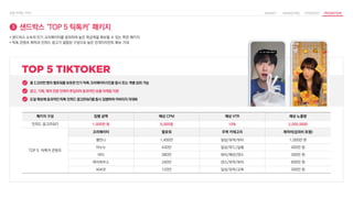 샌드박스 ‘TOP 5 틱톡커’ 패키지
3
• 샌드박스 소속의 인기 크리에이터를 섭외하여 높은 파급력을 확보할 수 있는 특판 패키지
• 틱톡 콘텐츠 제작과 인피드 광고가 결합된 구성으로 높은 인게이지먼트 확보 기대
총 2,320만 명의 팔로워를 보유한 인기 틱톡 크리에이터 5인을 동시 또는 개별 섭외 가능
광고, 기획, 제작 전문 인력이 투입되어 효과적인 숏폼 마케팅 지원
도달 확보에 효과적인 틱톡 인피드 광고(R&F)를 동시 집행하여 커버리지 극대화
패키지 구성 집행 금액 예상 CPM 예상 VTR 예상 노출량
인피드 광고(R&F) 1,000만 원 5,000원 10% 2,000,0000
TOP 5 틱톡커 콘텐츠
크리에이터 팔로워 주력 카테고리 제작비(섭외비 포함)
옐언니 1,400만 일상/유머/뷰티 1,000만 원
아누누 430만 일상/푸드/실험 400만 원
마티 380만 뷰티/패션/댄스 300만 원
파이하우스 240만 댄스/유머/뷰티 600만 원
씨씨코 120만 일상/유머/교육 300만 원
 