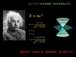 オンライン天⽂学講座「相対性理論⼊⾨」
E = mc2
島袋隼⼠（云南⼤学・SWIFAR、名古屋⼤学）
x′
￼
=
x − vt
1 − (v/c)2
y′
￼
= y
z′
￼
= z
t′
￼
=
t − (v/c2
) x
1 − (v/c)2
 