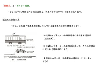 「慣性系」と「ガリレイ変換」
「どこにいても時間は同じ様に流れる」の条件下ではガリレイ変換が成り⽴つ。
慣性系とは何か？
「静⽌」または「等速直線運動」をしている座標系のことを慣性系と⾔う。
•時速42kmで⾛っている乗⽤⾞に乗っている⼈の座標...