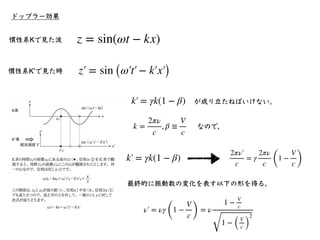 x′
￼
= γ(x − cβt) = γ(x − Vt)
t′
￼
= γ
(
t −
β
c
x
)
β ≡
V
c
, γ ≡
1
1 −
V2
c2
=
1
1 − β2
•特殊相対性原理と光速度不変の原理を仮定して、ガリレイ変換に替わ...