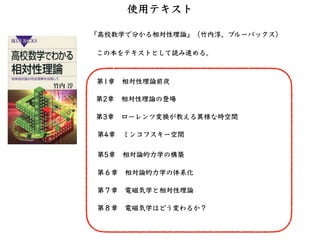 使⽤テキスト
『⾼校数学で分かる相対性理論』（⽵内淳、ブルーバックス）
この本をテキストとして読み進める。
第1章 相対性理論前夜
第2章 相対性理論の登場
第3章 ローレンツ変換が教える異様な時空間
第4章 ミンコフスキー空間
第5章 相対論...