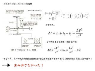 マイケルソン・モーレーの実験
2L
c
−
2L
c
1 − (
V
c )
2
1 − (
V
c )
2
≈
2L
c
−
2L
c (
1 −
1
2 (
V
c )
2
)
=
LV2
c3
すなわち、
Δt = t1 + t2 − t...