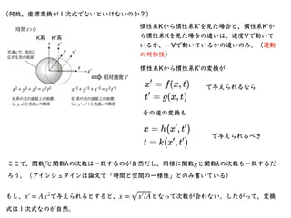 （何故、座標変換が１次式でないといけないのか？）
慣性系Kから慣性系Kʼを⾒た場合と、慣性系Kʼか
ら慣性系Kを⾒た場合の違いは、速度Vで動いて
いるか、ーVで動いているかの違いのみ。（運動
の対称性）
慣性系Kから慣性系Kʼの変換が
で与えら...
