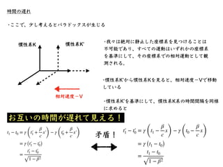 本⽇のまとめ
• ローレンツ変換を考えると、「⾃分に対して運動している
慣性系の時間は遅れる」という現象が⽣じる
• 時間の遅れは、μ粒⼦による観測によって実証されてい
る。
 