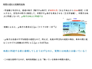 ローレンツ収縮
前回、ローレンツ変換の帰結として、「動いている慣性系の時間は遅れて⾒える」現象を
説明したが、時間の遅れの他に「動いている物体の⻑さが縮む」という現象も現れる。
•慣性系K（棒が動いて⾒える⼈）に対して、相対速
度Vで動いている...