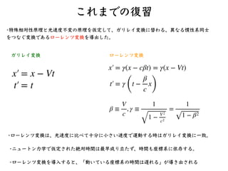 速度の合成
まずはニュートン⼒学の話から。
•時速40kmで進んでいる電⾞の中で、時速2kmで歩い
ている⼈を電⾞の外から⾒ると、時速何キロメートル
で動いて⾒える？
•答えは40km/h+2km/h=42km/h
 