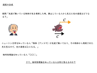 速度の合成
まずはニュートン⼒学の話から。
•時速40kmで進んでいる電⾞の中で、時速2kmで歩い
ている⼈を電⾞の外から⾒ると、時速何キロメートル
で動いて⾒える？
•答えは40km/h+2km/h=42km/h
この話を⼀般化する。
地⾯（...