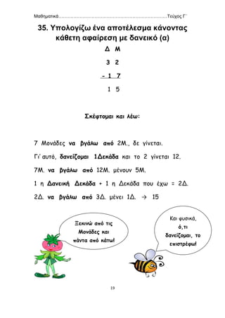Μαθηματικά………………………………………………………………Τεύχος Γ΄
19
35. Υπολογίζω ένα αποτέλεσμα κάνοντας
κάθετη αφαίρεση με δανεικό (α)
Δ Μ
3 2
- 1 7
1 5
Σκέφτομαι και λέω:
7 Μονάδες να βγάλω από 2Μ., δε γίνεται.
Γι’ αυτό, δανείζομαι 1Δεκάδα και το 2 γίνεται 12.
7Μ. να βγάλω από 12Μ. μένουν 5Μ.
1 η Δανεική Δεκάδα + 1 η Δεκάδα που έχω = 2Δ.
2Δ. να βγάλω από 3Δ. μένει 1Δ. → 15
Ξεκινώ από τις
Μονάδες και
πάντα από κάτω!
Και φυσικά,
ό,τι
δανείζομαι, το
επιστρέφω!
 