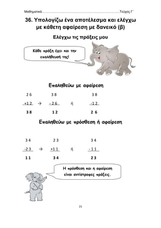 Μαθηματικά………………………………………………………………Τεύχος Γ΄
21
36. Υπολογίζω ένα αποτέλεσμα και ελέγχω
με κάθετη αφαίρεση με δανεικό (β)
Ελέγχω τις πράξεις μου
Επαληθεύω με αφαίρεση
2 6 3 8 3 8
+1 2 → - 2 6 ή -1 2
3 8 1 2 2 6
Επαληθεύω με πρόσθεση ή αφαίρεση
3 4 2 3 3 4
-2 3 → +1 1 ή - 1 1
1 1 3 4 2 3
Κάθε πράξη έχει και την
επαλήθευσή της!
Η πρόσθεση και η αφαίρεση
είναι αντίστροφες πράξεις.
 