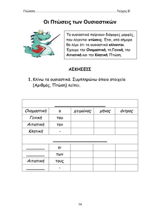 Γλώσσα…………………………………………………………………….Τεύχος Β΄
14
Οι Πτώσεις των Ουσιαστικών
ΑΣΚΗΣΕΙΣ
1.Κλίνω τα ουσιαστικά. Συμπληρώνω όποιο στοιχείο
(Αριθμός, Πτώση) λείπει.
______________
Ονομαστική ο χειμώνας μήνας άντρας
Γενική του
Αιτιατική τον
Κλητική -
_______________
_______ οι
_______ των
Αιτιατική τους
_______ -
Τα ουσιαστικά παίρνουν διάφορες μορφές,
που λέγονται πτώσεις. Έτσι, από σήμερα
θα λέμε ότι τα ουσιαστικά κλίνονται.
Έχουμε την Ονομαστική, τη Γενική, την
Αιτιατική και την Κλητική Πτώση.
 