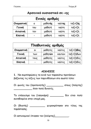 Γλώσσα…………………………………………………………………….Τεύχος Β΄
19
Αρσενικά ουσιαστικά σε –ης
ΑΣΚΗΣΕΙΣ
1. Να συμπληρώσεις τα κενά των παρακάτω προτάσεων
βάζοντας τις λέξεις των παρενθέσεων στο σωστό τύπο:
Οι φωνές του (προπονητής) ___________ στους (παίχτης)
____________ ήταν πολύ δυνατές.
Το επάγγελμα του (τσαγκάρη) _________ δεν είναι πολύ
συνηθισμένο στην εποχή μας.
Οι (θεατής) __________ χειροκρότησαν στο τέλος της
παράστασης.
Οι αστυνομικοί έπιασαν τον (κλέφτης)_________.
Ενικός αριθμός
Ονομαστική ο μαθητής ναύτης ταξιτζής
Γενική του μαθητή ναύτη ταξιτζή
Αιτιατική τον μαθητή ναύτη ταξιτζή
Κλητική - μαθητή ναύτη ταξιτζή
Πληθυντικός αριθμός
Ονομαστική οι μαθητές ναύτες ταξιτζήδες
Γενική των μαθητών ναυτών ταξιτζήδων
Αιτιατική τους μαθητές ναύτες ταξιτζήδες
Κλητική - μαθητές ναύτες ταξιτζήδες
 
