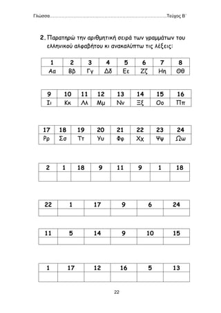 Γλώσσα…………………………………………………………………….Τεύχος Β΄
22
2.Παρατηρώ την αριθμητική σειρά των γραμμάτων του
ελληνικού αλφαβήτου κι ανακαλύπτω τις λέξεις:
1 2 3 4 5 6 7 8
Αα Ββ Γγ Δδ Εε Ζζ Ηη Θθ
9 10 11 12 13 14 15 16
Ιι Κκ Λλ Μμ Νν Ξξ Οο Ππ
17 18 19 20 21 22 23 24
Ρρ Σσ Ττ Υυ Φφ Χχ Ψψ Ωω
2 1 18 9 11 9 1 18
22 1 17 9 6 24
11 5 14 9 10 15
1 17 12 16 5 13
 