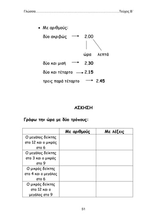 Γλώσσα…………………………………………………………………….Τεύχος Β΄
51
 Με αριθμούς:
δύο ακριβώς 2.00
ώρα λεπτά
δύο και μισή 2.30
δύο και τέταρτο 2.15
τρεις παρά τέταρτο 2.45
ΑΣΚΗΣΗ
Γράφω την ώρα με δύο τρόπους:
Με αριθμούς Με λέξεις
Ο μεγάλος δείκτης
στο 12 και ο μικρός
στο 6
Ο μεγάλος δείκτης
στο 3 και ο μικρός
στο 9
Ο μικρός δείκτης
στο 4 και ο μεγάλος
στο 6
Ο μικρός δείκτης
στο 12 και ο
μεγάλος στο 9
 