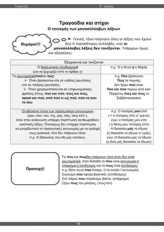 Γλώσσα Β΄ τεύχος
16
Θυμάμαι!!!
Προσοχή!
Τραγούδια και στίχοι
Ο τονισμός των μονοσύλλαβων λέξεων
Γενικά, τόνο παίρνουν όλες οι λέξεις που έχουν
δύο ή περισσότερες συλλαβές, ενώ οι
μονοσύλλαβες λέξεις δεν τονίζονται. Υπάρχουν όμως
και εξαιρέσεις:
Τα που και πωςδεν παίρνουν τόνο όταν δεν είναι
ερωτηματικά, όταν δηλαδή το που είναι αντωνυμία ή
επίρρημα ή σύνδεσμος και το πως είναι σύνδεσμος.
π.χ. Κάνε αυτό που είπαμε. (=το οποίο / αντωνυμία)
Συγνώμη που έφυγα βιαστικά. (σύνδεσμος)
Στο πάρκο που πηγαίναμε βόλτα. (επίρρημα)
Ξέρω πως του μίλησες. (πως=ότι)
Εξαιρούνται και τονίζονται
Ο διαζευκτικός σύνδεσμοςή
(για να ξεχωρίζει από το άρθρο η)
π.χ. Ή η Άννα ή η Μαρία.
Τα ερωτηματικάπούκαι πώς:
➢ Όταν βρίσκονται είτε σε ευθείες ερωτήσεις
είτε σε πλάγιες ερωτήσεις.
➢ Όταν χρησιμοποιούνται σε επιφωνηματικές
φράσεις όπως: πού και πού, πώς και πώς,
αραιά και πού, από πού κι ως πού, πού να σου
τα λέω
π.χ. Πού βρίσκεσαι;
Πώς τα περνάς;
Δεν ξέρω πού είναι.
Πού και πού περνώ από εκεί.
Περιμένω πώς και πώς το
Σαββατοκύριακο.
Οι αδύνατοι τύποι των προσωπικών αντωνυμιών
(μου, σου, του, της, μας, σας, τους κλπ.),
όταν στην ανάγνωση υπάρχει περίπτωση να θεωρηθούν
εγκλιτικές λέξεις. Ότανόμως δεν υπάρχει περίπτωση
να μπερδευτούν οι προσωπικές αντωνυμίες µε τα ομόηχά
τους εγκλιτικά, τότε δεν παίρνουν τόνο:
π.χ. Ο δάσκαλος που θα µας στείλουν.
π.χ. Ο πατέρας µού είπε
( = ο πατέρας είπε σ’ εμένα),
ενώ: ο πατέρας µου είπε
( ο δικός µου πατέρας είπε)
Η δασκάλα µάς τα έδωσε
(η δασκάλα τα έδωσε σ’ εµάς),
ενώ: Η δασκάλα µας τα έδωσε
(η δική µας δασκάλα τα έδωσε).
 