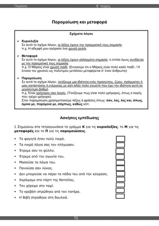 Γλώσσα Β΄ τεύχος
72
Παρομοίωση και μεταφορά
Ασκήσεις εμπέδωσης
1. Σημειώνω στα τετραγωνάκια το γράμμα Κ για τις κυριολεξίες, το Μ για τις
μεταφορές και το Π για τις παρομοιώσεις.
▪ Το φαγητό ήταν πολύ πικρό.
▪ Τα πικρά λόγια σας τον πλήγωσαν.
▪ Έτρεμε σαν το φύλλο.
▪ Έτρεμε από την αγωνία του.
▪ Μασούσε τα λόγια του.
▪ Πεινούσα σαν λύκος.
▪ Δεν μπορούσε να πάρει τα πόδια του από την κούραση.
▪ Χορέψαμε στο πάρτι της Ναταλίας.
▪ Τον χόρεψε στο ταψί.
▪ Το κρεβάτι στρώθηκε από τον πατέρα.
▪ Η Βιβή στρώθηκε στη δουλειά.
Σχήματα λόγου
➢ Κυριολεξία
Σε αυτό το σχήμα λόγου, οι λέξεις έχουν την πραγματική τους σημασία.
π.χ. Η αδερφή μου αγόρασε ένα χρυσό ρολόι.
➢ Μεταφορά
Σε αυτό το σχήμα λόγου, οι λέξεις έχουν αλλαγμένη σημασία, η οποία όμως συνδέεται
με την πραγματική τους σημασία.
π.χ. Ο Μάριος είναι χρυσό παιδί. (Εννοούμε ότι ο Μάριος είναι πολύ καλό παιδί. / Η
έννοια του χρυσού ως πολύτιμου μετάλλου μεταφέρεται σ’ έναν άνθρωπο)
➢ Παρομοίωση
Σε αυτό το σχήμα λόγου, τονίζουμε μια ιδιότητα ενός προσώπου, ζώου, πράγματος ή
μιας κατάστασης ή ενέργειας με κάτι άλλο πολύ γνωστό που έχει την ιδιότητα αυτή σε
μεγαλύτερο βαθμό.
π.χ. Είναι γρήγορος σαν λαγός. (Τονίζουμε πως είναι πολύ γρήγορος, όπως ο λαγός
που τρέχει γρήγορα)
Στην παρομοίωση χρησιμοποιούμε λέξεις ή φράσεις όπως: σαν, λες, λες και, όπως,
όμοια με, παρόμοια με, σάμπως, καθώς κλπ.
 
