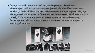 • Серед свиней також вартий згадки Верескун. Верескун
відповідальний за пропаганду на фермі, він постійно вихваляє
«наймудріші» дії Наполеона: «Дехто говорив про верескунів, що
він здатний перетворити біле в чорне і навпаки». Щоб виправдати
деякі дії Наполеона, що суперечать принципам Анімалізму,
Верескун час від часу виправляє, а пізніше і викреслює деякі з
заповідей тварин.
Т. В. Коваленко
 