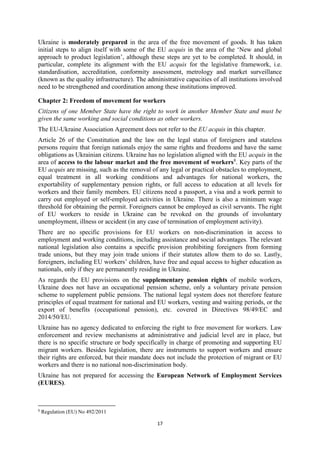 17
Ukraine is moderately prepared in the area of the free movement of goods. It has taken
initial steps to align itself with some of the EU acquis in the area of the ‘New and global
approach to product legislation’, although these steps are yet to be completed. It should, in
particular, complete its alignment with the EU acquis for the legislative framework, i.e.
standardisation, accreditation, conformity assessment, metrology and market surveillance
(known as the quality infrastructure). The administrative capacities of all institutions involved
need to be strengthened and coordination among these institutions improved.
Chapter 2: Freedom of movement for workers
Citizens of one Member State have the right to work in another Member State and must be
given the same working and social conditions as other workers.
The EU-Ukraine Association Agreement does not refer to the EU acquis in this chapter.
Article 26 of the Constitution and the law on the legal status of foreigners and stateless
persons require that foreign nationals enjoy the same rights and freedoms and have the same
obligations as Ukrainian citizens. Ukraine has no legislation aligned with the EU acquis in the
area of access to the labour market and the free movement of workers8
. Key parts of the
EU acquis are missing, such as the removal of any legal or practical obstacles to employment,
equal treatment in all working conditions and advantages for national workers, the
exportability of supplementary pension rights, or full access to education at all levels for
workers and their family members. EU citizens need a passport, a visa and a work permit to
carry out employed or self-employed activities in Ukraine. There is also a minimum wage
threshold for obtaining the permit. Foreigners cannot be employed as civil servants. The right
of EU workers to reside in Ukraine can be revoked on the grounds of involuntary
unemployment, illness or accident (in any case of termination of employment activity).
There are no specific provisions for EU workers on non-discrimination in access to
employment and working conditions, including assistance and social advantages. The relevant
national legislation also contains a specific provision prohibiting foreigners from forming
trade unions, but they may join trade unions if their statutes allow them to do so. Lastly,
foreigners, including EU workers’ children, have free and equal access to higher education as
nationals, only if they are permanently residing in Ukraine.
As regards the EU provisions on the supplementary pension rights of mobile workers,
Ukraine does not have an occupational pension scheme, only a voluntary private pension
scheme to supplement public pensions. The national legal system does not therefore feature
principles of equal treatment for national and EU workers, vesting and waiting periods, or the
export of benefits (occupational pension), etc. covered in Directives 98/49/EC and
2014/50/EU.
Ukraine has no agency dedicated to enforcing the right to free movement for workers. Law
enforcement and review mechanisms at administrative and judicial level are in place, but
there is no specific structure or body specifically in charge of promoting and supporting EU
migrant workers. Besides legislation, there are instruments to support workers and ensure
their rights are enforced, but their mandate does not include the protection of migrant or EU
workers and there is no national non-discrimination body.
Ukraine has not prepared for accessing the European Network of Employment Services
(EURES).
8
Regulation (EU) No 492/2011
 