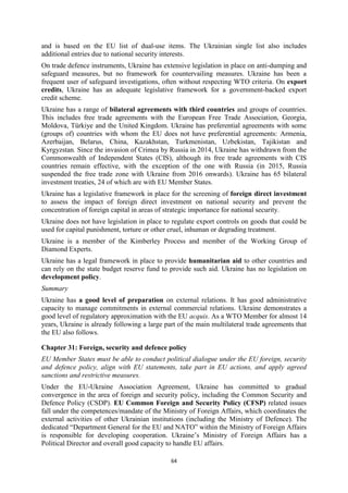 64
and is based on the EU list of dual-use items. The Ukrainian single list also includes
additional entries due to national security interests.
On trade defence instruments, Ukraine has extensive legislation in place on anti-dumping and
safeguard measures, but no framework for countervailing measures. Ukraine has been a
frequent user of safeguard investigations, often without respecting WTO criteria. On export
credits, Ukraine has an adequate legislative framework for a government-backed export
credit scheme.
Ukraine has a range of bilateral agreements with third countries and groups of countries.
This includes free trade agreements with the European Free Trade Association, Georgia,
Moldova, Türkiye and the United Kingdom. Ukraine has preferential agreements with some
(groups of) countries with whom the EU does not have preferential agreements: Armenia,
Azerbaijan, Belarus, China, Kazakhstan, Turkmenistan, Uzbekistan, Tajikistan and
Kyrgyzstan. Since the invasion of Crimea by Russia in 2014, Ukraine has withdrawn from the
Commonwealth of Independent States (CIS), although its free trade agreements with CIS
countries remain effective, with the exception of the one with Russia (in 2015, Russia
suspended the free trade zone with Ukraine from 2016 onwards). Ukraine has 65 bilateral
investment treaties, 24 of which are with EU Member States.
Ukraine has a legislative framework in place for the screening of foreign direct investment
to assess the impact of foreign direct investment on national security and prevent the
concentration of foreign capital in areas of strategic importance for national security.
Ukraine does not have legislation in place to regulate export controls on goods that could be
used for capital punishment, torture or other cruel, inhuman or degrading treatment.
Ukraine is a member of the Kimberley Process and member of the Working Group of
Diamond Experts.
Ukraine has a legal framework in place to provide humanitarian aid to other countries and
can rely on the state budget reserve fund to provide such aid. Ukraine has no legislation on
development policy.
Summary
Ukraine has a good level of preparation on external relations. It has good administrative
capacity to manage commitments in external commercial relations. Ukraine demonstrates a
good level of regulatory approximation with the EU acquis. As a WTO Member for almost 14
years, Ukraine is already following a large part of the main multilateral trade agreements that
the EU also follows.
Chapter 31: Foreign, security and defence policy
EU Member States must be able to conduct political dialogue under the EU foreign, security
and defence policy, align with EU statements, take part in EU actions, and apply agreed
sanctions and restrictive measures.
Under the EU-Ukraine Association Agreement, Ukraine has committed to gradual
convergence in the area of foreign and security policy, including the Common Security and
Defence Policy (CSDP). EU Common Foreign and Security Policy (CFSP) related issues
fall under the competences/mandate of the Ministry of Foreign Affairs, which coordinates the
external activities of other Ukrainian institutions (including the Ministry of Defence). The
dedicated “Department General for the EU and NATO” within the Ministry of Foreign Affairs
is responsible for developing cooperation. Ukraine’s Ministry of Foreign Affairs has a
Political Director and overall good capacity to handle EU affairs.
 