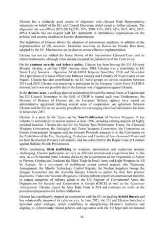 65
Ukraine has a relatively good record of alignment with relevant High Representative
statements on behalf of the EU and Council Decisions, which needs to further increase. The
alignment rate was 69% in 2017-2021 (2021: 76%, 2020: 81%; 2019: 62%; 2018: 46%, 2017:
80%). Ukraine has not aligned with EU statements in international organisations on the
political and security situation in Eastern Mediterranean.
The legislation of Ukraine allows the adoption of autonomous sanctions, in addition to the
implementation of UN sanctions. Ukrainian sanctions on Russia are broader than those
adopted by the EU. Mechanisms are in place to ensure effective implementation.
Ukraine has not yet ratified the Rome Statute of the International Criminal Court and its
related instruments, although it has already accepted the jurisdiction of the Court twice.
On the common security and defence policy, Ukraine has been hosting the EU Advisory
Mission Ukraine, a civilian CSDP mission, since 2014. Ukraine was a contributor to EU
Naval Force Somalia – Operation ATALANTA between November 2010 and November
2011 (provision of a naval officer) and between January and February 2014 (provision of one
frigate). Ukraine has also contributed to the EU battle groups on various occasions between
2011 and 2020. Ukraine was preparing to participate in the European Union Force ALTHEA
mission, but it was not possible due to the Russian war of aggression against Ukraine.
In the defence area, a working plan for cooperation between the armed forces of Ukraine and
the EU Council Secretariat in the field of CSDP is signed each year. Furthermore, the
Ministry of Defence of Ukraine and the European Defence Agency have signed an
administrative agreement defining several areas of cooperation. An agreement between
Ukraine and the EU on the security procedures for exchanging classified information has been
in force since 2007.
Ukraine is a party to the Treaty on the Non-Proliferation of Nuclear Weapons. It has
voluntarily surrendered its nuclear arsenal in June 1996, including existing deposits of highly
enriched uranium. Ukraine has ratified the Nuclear Non-Proliferation Treaty; the Chemical
Weapons Convention; the Biological and Toxin Weapons Convention; the Convention on
Certain Conventional Weapons and the relevant Protocols annexed to it; the Convention on
the Prohibition of the Use, Stockpiling, Production and Transfer of Anti-Personnel Mines and
on their Destruction (Ottawa Convention); and has subscribed to the Hague Code of Conduct
against Ballistic Missile Proliferation.
While combatting illicit trafficking in weapons, ammunition and explosives remains
challenging, Ukraine participates actively in different international cooperation fora in this
area. As a UN Member State, Ukraine abides by the requirements of the Programme of Action
to Prevent, Combat and Eradicate the Illicit Trade in Small Arms and Light Weapons in All
Its Aspects. As a participant of multilateral export control regimes (the Wassenaar
Arrangement, the Missile Technology Control Regime, the Nuclear Suppliers Group, the
Zangger Committee and the Australia Group), Ukraine is guided by their best practice
documents. Under international obligations, Ukraine submits reports on international transfers
of certain categories of military goods to the UN Register of Conventional Arms, the
Organization for Security and Cooperation in Europe (OSCE) as well as the Wassenaar
Arrangement. Ukraine signed the Arms Trade Treaty in 2014 and continues its work on the
procedural preparations for further ratification.
Ukraine has significantly stepped up cooperation with the EU on tackling hybrid threats and
has substantially improved its cybersecurity. In June 2021, the EU and Ukraine launched a
dedicated cyber dialogue, which contributes to strengthening Ukraine’s resilience and
aligning its cybersecurity-related policies and legislation with the EU legal and institutional
 