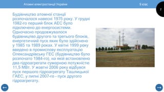 9 клас
2
Атомні електростанції України
Будівництво атомної станції
розпочалося навесні 1975 року. У грудні
1982-го перший ...