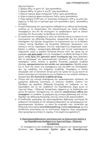26
εξής αγωνίσματα:
1. Δρόμος 100 μ. σε χρόνο 16΄΄ (μία προσπάθεια).
2. Δρόμος 1000 μ. σε χρόνο 4΄ και 20΄΄ (μία προσπάθεια).
3. Άλμα σε ύψος με φόρα τουλάχιστον 1,05 μ. (τρεις προσπάθειες).
4. Άλμα σε μήκος με φόρα τουλάχιστον 3,60 μ. (τρεις προσπάθειες).
5. Ρίψη σφαίρας (7,275 χλγ.) σε απόσταση τουλάχιστον 4,50 μ, ως μέσο όρο
ρίψης με το δεξί και το αριστερό χέρι ανά προσπάθεια (τρεις προσπάθειες
ανά χέρι).
• Η σειρά διεξαγωγής των αγωνισμάτων καθορίζεται με ευθύνη της Επιτροπής,
ανάλογα με τις επικρατούσες τότε κλιματολογικές και λοιπές συνθήκες.
Υποψήφιος/α που δεν θα επιτυγχάνει το προβλεπόμενο όριο σε κάποιο
αγώνισμα, δεν θα συνεχίζει να εξετάζεται στα υπόλοιπα.
• Σε περίπτωση που υποψήφιος/α, κατά την εξέτασή του/ης σε κάποιο εκ των
αγωνισμάτων της αθλητικής δοκιμασίας, τραυματισθεί και δεν μπορεί να
ολοκληρώσει την εξέταση, υποχρεούται να παρουσιαστεί και να το δηλώσει
ενώπιον του/ης Προέδρου της Επιτροπής Αθλητικών Δοκιμασιών, ο/η
οποίος/α τον/ην παραπέμπει στον/ην παριστάμενο/η υπηρεσιακό ιατρό.
Εφόσον η πάθηση – τραυματισμός βεβαιωθεί από τον/ην παριστάμενο/η
υπηρεσιακό ιατρό, η αρμόδια Επιτροπή δύναται κατά την κρίση της να
χορηγήσει μία μόνο φορά στον/ην υποψήφιο/α αναβολή εξέτασης σε άλλο
χρόνο, εντός όμως των χρονικών ορίων λειτουργίας της, όπως προκύπτει
από το πρόγραμμα των προκαταρκτικών εξετάσεων. Η επανεξέταση των
υποψηφίων, στους οποίους η αρμόδια Επιτροπή χορήγησε αναβολή
εξέτασης, πραγματοποιείται στο σύνολο των αγωνισμάτων, δηλαδή ακόμη
και σε αυτά στα οποία ο/η υποψήφιος/α είχε εξετασθεί και ολοκληρώσει,
προ της υποβολής του αιτήματος αναβολής. Υποψήφιος, ο οποίος
αποχώρησε από το εξεταστικό κέντρο μετά την κρίση του ως μη ικανού σε
κάποιο αγώνισμα και επανέρχεται για να δηλώσει εκ των υστέρων κώλυμα ή
τραυματισμό, δεν δικαιούται αναβολή εξέτασης.
 Ύστερα από την επιτυχή ολοκλήρωση των προκαταρκτικών εξετάσεων, θα
χορηγείται βεβαίωση ικανότητας σε όσους/ες αιτηθούν ενώπιον του
Προέδρου της αρμόδιας Αθλητικής Επιτροπής, ότι επιθυμούν να την
παραλάβουν και να την υποβάλουν στο Πυροσβεστικό Σώμα ή/και το
Λιμενικό Σώμα – Ελληνική Ακτοφυλακή, σύμφωνα με τη διαδικασία που
εκείνα θα ορίσουν. Επισημαίνεται, ότι αποτελεί αποκλειστικά ευθύνη των
υποψηφίων να αιτηθούν τη χορήγηση της ανωτέρω βεβαίωσης από τον/ην
Πρόεδρο της Αθλητικής Επιτροπής, στον/ην οποίο/α θα παρουσιασθούν.
 Η διαδικασία χορήγησης της προαναφερθείσας βεβαίωσης ικανότητας θα
καθοριστεί λεπτομερώς με την απόφαση καθορισμού του προγράμματος των
προκαταρκτικών εξετάσεων, το οποίο θα αναρτηθεί στην ιστοσελίδα της
Ελληνικής Αστυνομίας www.hellenicpolice.gr ή www.astynomia.gr και στις
Διευθύνσεις Αστυνομίας και τα Αστυνομικά Τμήματα, όπως περιγράφηκε
στην προηγούμενη ενότητα Α, παράγρ. 5 του παρόντος κεφαλαίου V.
Ε. Προσκόμιση βεβαιώσεων ικανότητας από τις Στρατιωτικές Σχολές ή
την Πυροσβεστική Ακαδημία ή το Λιμενικό Σώμα – Ελληνική
Ακτοφυλακή
Οι υποψήφιοι/ες που υποβλήθηκαν στη δοκιμασία των προκαταρκτικών
εξετάσεων των Στρατιωτικών Σχολών ή/και της Πυροσβεστικής
ΑΔΑ: Ρ7ΡΚ46ΜΤΛΒ-Μ7Ξ
 
