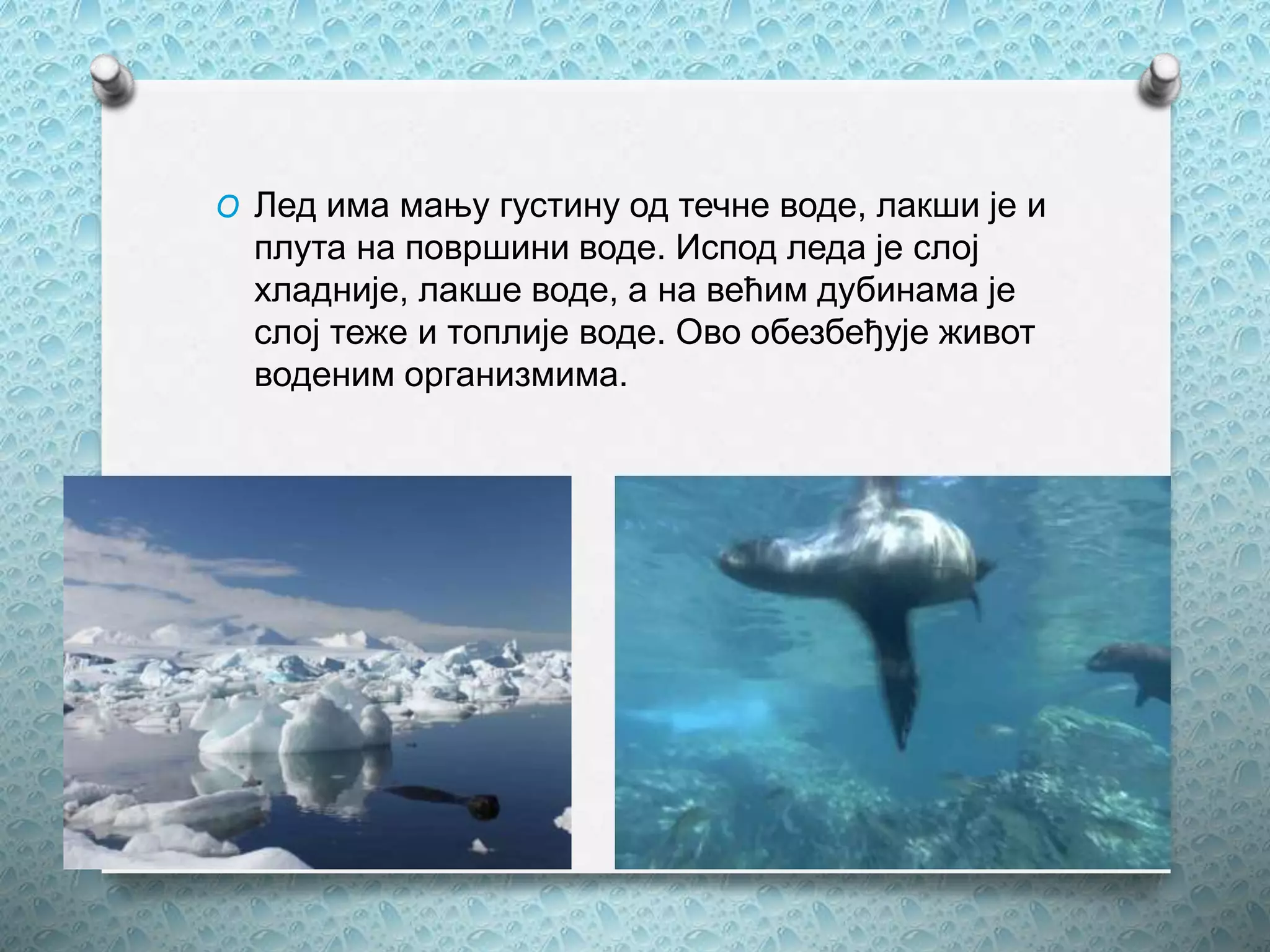 O Лед има мању густину од течне воде, лакши је и
плута на површини воде. Испод леда је слој
хладније, лакше воде, а на већим дубинама је
слој теже и топлије воде. Ово обезбеђује живот
воденим организмима.
 