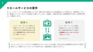 リセールサービスの要件
アート・オブ・バンクは査定額はコレクター様の手元に納品した日を起算日として366日に一度更新してオー
プン情報としてコレクターの皆様に公開しています。流動性、換金性が高く減価償却を利用した節税対策
として機能します。
バ...