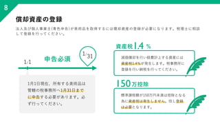1月1日現在、所有する美術品は
管轄の税事務所へ1月31日まで
に申告する必要があります。必
ず行ってください。
償却資産の登録
法人及び個人事業主(青色申告)が美術品を取得するには償却資産の登録が必要になります。税理士に相談
して登録を行って...