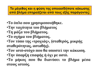 •Το όπλο που χρησιμοποιήθηκε.
•Την ταχύτητα του βλήματος
•Τη μάζα του βλήματος.
•Το σχήμα του βλήματος.
•Τον τύπο της «τροχιάς», (σταθερός, μικρής
σταθερότητας, ασταθής).
•Τον ιστό-στόχο που θα υποστεί την κάκωση.
•Την ύπαρξη επαφής ή όχι με οστό.
•Το μήκος που θα διανύσει το βλήμα μέσα
στους ιστούς.
Το μέγεθος και η φύση της οποιασδήποτε κάκωσης
από βλήμα επηρεάζεται από τους εξής παράγοντες:
 