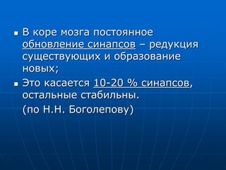  В коре мозга постоянное
обновление синапсов – редукция
существующих и образование
новых;
 Это касается 10-20 % синапсов,
остальные стабильны.
(по Н.Н. Боголепову)
 