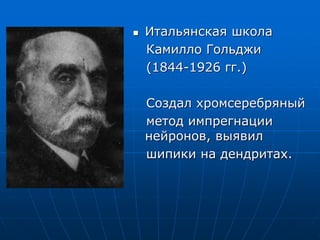  Итальянская школа
Камилло Гольджи
(1844-1926 гг.)
Создал хромсеребряный
метод импрегнации
нейронов, выявил
шипики на дендритах.
 
