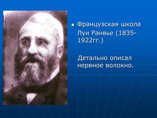  Французская школа
Луи Ранвье (1835-
1922гг.)
Детально описал
нервное волокно.
 