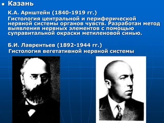  Казань
К.А. Арнштейн (1840-1919 гг.)
Гистология центральной и периферической
нервной системы органов чувств. Разработан метод
выявления нервных элементов с помощью
суправитальной окраски метиленовой синью.
Б.И. Лаврентьев (1892-1944 гг.)
Гистология вегетативной нервной системы
 