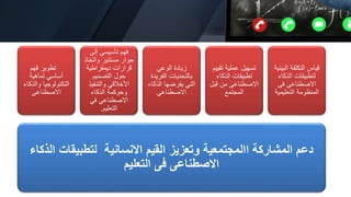 ‫لتطبيقات‬ ‫االنسانية‬ ‫القيم‬ ‫وتعزيز‬ ‫االمجتمعية‬ ‫المشاركة‬ ‫دعم‬
‫الذكاء‬
‫التعليم‬ ‫فى‬ ‫االصطناعى‬
‫فهم‬ ‫تطوير‬
‫لماهية‬ ‫أساسي‬
‫والذك‬ ‫التكنولوجيا‬
‫اء‬
‫االصطناعى‬
‫إلى‬ ‫تأسيسي‬ ‫فهم‬
‫واتخ‬ ‫مستنير‬ ‫حوار‬
‫اذ‬
‫ديمقراطية‬ ‫قرارات‬
‫التصميم‬ ‫حول‬
‫والتنفي‬ ‫األخالقي‬
‫ذ‬
‫الذكاء‬ ‫وحوكمة‬
‫في‬ ‫االصطناعي‬
‫التعليم‬
.
‫الوعي‬ ‫زيادة‬
‫الفري‬ ‫بالتحديات‬
‫دة‬
‫الذ‬ ‫يفرضها‬ ‫التي‬
‫كاء‬
‫االصطناعي‬
‫تقي‬ ‫عملية‬ ‫تسهيل‬
‫يم‬
‫الذكاء‬ ‫تطبيقات‬
‫قب‬ ‫من‬ ‫االصطناعى‬
‫ل‬
‫المجتمع‬
‫الب‬ ‫التكلفة‬ ‫قياس‬
‫يئية‬
‫الذكاء‬ ‫لتطبيقات‬
‫فى‬ ‫االصطناعى‬
‫التعليمي‬ ‫المنظومة‬
‫ة‬
 