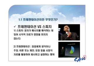 1.1 프레젠테이션이란 무엇인가?
1.1 프레젠테이션이란 무엇인가?
 프레젠테이션 VS 스피치
1) 스피치: 청자가 메시지를 해석하는 데
있어 시각적 자료가 영향을 미치지
않는다.
2) 프레젠테이션 : 청중에게 생각이나
주장, 이론 또는 제안, 요청 등을 시청각
자료를 활용하여 제시하고 설명하는 행위
 