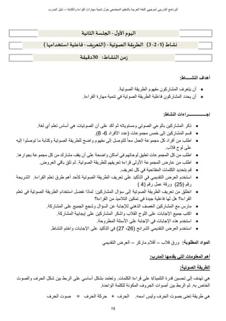 ‫ت‬ ‫حول‬ ‫المجتمعي‬ ‫بالتعليم‬ ‫العربية‬ ‫اللغة‬ ‫لموجهي‬ ‫التدريبي‬ ‫البرنامج‬
‫والكتابة‬ ‫القراءة‬ ‫مهارات‬ ‫نمية‬
–
‫د‬
‫المدرب‬ ‫ليل‬
19
‫النشـــــاط‬ ‫أهداف‬
:

‫الصوتية‬ ‫الطريقة‬ ‫مفهوم‬ ‫المشاركون‬ ‫يتعرف‬ ‫أن‬
.

‫القراءة‬ ‫مهارة‬ ‫تنمية‬ ‫في‬ ‫الصوتية‬ ‫الطريقة‬ ‫فاعلية‬ ‫المشاركون‬ ‫يحدد‬ ‫أن‬
.
‫النشاط‬ ‫إجـــــــــــــــــراءات‬
:

‫الصوتي‬ ‫بالوعي‬ ‫المشاركين‬ ‫ذكر‬
‫ومست‬
‫ثم‬ ‫وياته‬
‫أك‬
‫د‬
‫على‬
‫أ‬
‫لغة‬ ‫أي‬ ‫تعلم‬ ‫أساس‬ ‫هي‬ ‫الصوتيات‬ ‫ن‬
.

‫المشاركين‬ ‫سم‬
‫مجموعات‬ ‫خمس‬ ‫إلى‬
(
‫األ‬ ‫عدد‬
‫فراد‬
6
-
8
)
.

‫أ‬ ‫من‬ ‫اطلب‬
ً‫ا‬‫مع‬ ‫العمل‬ ‫مجموعة‬ ‫كل‬ ‫فراد‬
‫إلى‬ ‫للتوصل‬
‫مفهوم‬
‫واضح‬
‫ل‬
‫إليه‬ ‫توصلوا‬ ‫ما‬ ‫وكتابة‬ ‫الصوتية‬ ‫لطريقة‬
‫على‬
‫الب‬ ‫لوح‬
.

‫ا‬
‫من‬ ‫طلب‬
‫أ‬ ‫في‬ ‫لوحاتهم‬ ‫تعليق‬ ‫المجموعات‬ ‫كل‬
‫واضحة‬ ‫ماكن‬
‫على‬
‫يقف‬ ‫أن‬
.‫بجوارها‬ ‫مجموعة‬ ‫كل‬ ‫من‬ ‫مشارك‬

‫األولى‬ ‫المجموعة‬ ‫عارض‬ ‫من‬ ‫اطلب‬
‫الصوتية‬ ‫للطريقة‬ ‫تعريفهم‬ ‫راءة‬
.
.‫العروض‬ ‫ي‬ ‫با‬ ‫تلق‬ ‫ثم‬

.‫تعريف‬ ‫كل‬ ‫في‬ ‫المفتاحية‬ ‫الكلمات‬ ‫بتحديد‬ ‫م‬

‫التأكيد‬ ‫في‬ ‫التقديمي‬ ‫العرض‬ ‫استخدم‬
‫على‬
‫أ‬ ‫كأحد‬ ‫الصوتية‬ ‫الطريقة‬ ‫تعريف‬
‫القراءة‬ ‫تعلم‬ ‫طرق‬ ‫هم‬
.
‫الشريحة‬
‫م‬ ‫ر‬
(
25
)
‫م‬ ‫ر‬ ‫عمل‬ ‫ة‬ ‫ور‬
(
4
)

‫الصوتية‬ ‫الطريقة‬ ‫تعريف‬ ‫من‬ ‫انطلق‬
‫إلى‬
:‫المشاركين‬ ‫سؤال‬
‫استخدام‬ ‫نفضل‬ ‫لماذا‬
‫تعلم‬ ‫في‬ ‫الصوتية‬ ‫الطريقة‬
‫القراءة‬
‫جي‬ ‫فاعلية‬ ‫لها‬ ‫هل‬ ‫؟‬
‫القراءة‬ ‫من‬ ‫التالميذ‬ ‫تمكين‬ ‫في‬ ‫دة‬
‫؟‬

‫الذهني‬ ‫العصف‬ ‫المشاركين‬ ‫مع‬ ‫مارس‬
‫لإلجابة‬
‫ا‬ ‫على‬ ‫الجميع‬ ‫وشجع‬ ‫السؤال‬ ‫عن‬
‫لمشاركة‬
.

‫اإلجابات‬ ‫جميع‬ ‫اكتب‬
‫على‬
‫المشاركين‬ ‫واشكر‬ ‫القالب‬ ‫اللوح‬
‫على‬
‫المشاركة‬ ‫إيجابية‬
.

‫اإلج‬ ‫في‬ ‫اإلجابات‬ ‫هذه‬ ‫استخدم‬
‫ابة‬
‫على‬
‫األسئلة‬
‫المطروحة‬
.

‫التقديمي‬ ‫العرض‬ ‫استخدم‬
( ‫الشرائح‬
26
،
27
)
‫التأكيد‬ ‫في‬
‫على‬
‫اإل‬
‫النشاط‬ ‫واختم‬ ‫جابات‬
.
‫المطلوبة‬ ‫المواد‬
:
‫الب‬ ‫ورق‬
–
‫أ‬
‫ماركر‬ ‫الم‬
–
‫العرض‬
‫التقديمي‬
‫أ‬
‫المدرب‬ ‫يقدمها‬ ‫التي‬ ‫المعلومات‬ ‫هم‬
:
‫الصوتية‬ ‫الطريقة‬
:
‫الكلمات‬ ‫راءة‬ ‫على‬ ‫ة‬/‫التلميذ‬ ‫درة‬ ‫تحسين‬ ‫إلى‬ ‫تهدف‬ ‫هي‬
.
‫و‬
‫الحرف‬ ‫شكل‬ ‫بين‬ ‫الربط‬ ‫على‬ ‫أساسي‬ ‫بشكل‬ ‫تعتمد‬
‫و‬
‫الصوت‬
‫الواحدة‬ ‫للكلمة‬ ‫المكونة‬ ‫الحروف‬ ‫أصوات‬ ‫بين‬ ‫الربط‬ ‫ثم‬ .‫به‬ ‫الخاي‬
.
‫الحرف‬ ‫بصوت‬ ‫تعنى‬ ‫طريقة‬ ‫هي‬
‫و‬
‫الحرف‬ ‫صوت‬ = ‫الحرف‬ ‫حركة‬ + ‫الحرف‬ .‫اسمه‬ ‫ليس‬
‫ال‬ ‫اليوم‬
‫ل‬‫و‬
-
‫الثانية‬ ‫الجلسة‬
‫نشاط‬
(
1
-
2
-
3
)
‫الصوتية‬ ‫الطريقة‬
-
(
‫التعريف‬
-
‫استخدامها‬ ‫فاعلية‬
)
‫النشاط‬ ‫من‬‫ز‬
:
30
‫دقيقة‬
 