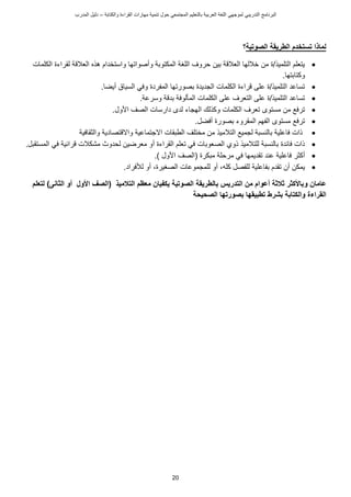 ‫ت‬ ‫حول‬ ‫المجتمعي‬ ‫بالتعليم‬ ‫العربية‬ ‫اللغة‬ ‫لموجهي‬ ‫التدريبي‬ ‫البرنامج‬
‫والكتابة‬ ‫القراءة‬ ‫مهارات‬ ‫نمية‬
–
‫د‬
‫المدرب‬ ‫ليل‬
20
‫الصوتية‬ ‫الطريقة‬ ‫تستخدم‬ ‫لماذا‬
‫؟‬

‫المكتوبة‬ ‫اللغة‬ ‫حروف‬ ‫بين‬ ‫ة‬ ‫العال‬ ‫خاللها‬ ‫من‬ ‫ة‬/‫التلميذ‬ ‫يتعلم‬
‫و‬
‫أصواتها‬
‫و‬
‫الكلمات‬ ‫لقراءة‬ ‫ة‬ ‫العال‬ ‫هذه‬ ‫استخدام‬
‫و‬
.‫كتابتها‬

‫بصورتها‬ ‫الجديدة‬ ‫الكلمات‬ ‫راءة‬ ‫على‬ ‫ة‬/‫التلميذ‬ ‫تساعد‬
‫المفردة‬
‫و‬
.‫أيضا‬ ‫السياق‬ ‫في‬

‫ة‬ ‫بد‬ ‫المألوفة‬ ‫الكلمات‬ ‫على‬ ‫التعرف‬ ‫على‬ ‫ة‬/‫التلميذ‬ ‫تساعد‬
‫و‬
.‫سرعة‬

‫الكلمات‬ ‫تعرف‬ ‫مستوى‬ ‫من‬ ‫ترفع‬
‫و‬
‫األول‬ ‫الصف‬ ‫دارسات‬ ‫لدى‬ ‫الهجاء‬ ‫كذلك‬
.

‫أفضل‬ ‫بصورة‬ ‫المقروء‬ ‫الفهم‬ ‫مستوى‬ ‫ترفع‬
.

‫جتماعية‬ ‫ا‬ ‫الطبقات‬ ‫مختلف‬ ‫من‬ ‫التالميذ‬ ‫لجميع‬ ‫بالنسبة‬ ‫فاعلية‬ ‫ذات‬
‫و‬
‫ا‬
‫تصادية‬
‫و‬
‫الثقافية‬

‫المستقبل‬ ‫في‬ ‫رائية‬ ‫مشكالت‬ ‫لحدوث‬ ‫معرضين‬ ‫أو‬ ‫القراءة‬ ‫تعلم‬ ‫في‬ ‫الصعوبات‬ ‫ذوي‬ ‫للتالميذ‬ ‫بالنسبة‬ ‫فائدة‬ ‫ذات‬
.

‫مبكرة‬ ‫مرحلة‬ ‫في‬ ‫تقديمها‬ ‫عند‬ ‫فاعلية‬ ‫أكثر‬
(
.) ‫األول‬ ‫الصف‬

‫كله‬ ‫للفصل‬ ‫بفاعلية‬ ‫تقدم‬ ‫أن‬ ‫يمكن‬
‫الصغيرة‬ ‫للمجموعات‬ ‫أو‬ ،
،
.‫لمفراد‬ ‫أو‬
‫عامان‬
‫و‬
‫التالميذ‬ ‫معظم‬ ‫يكفيان‬ ‫الصوتية‬ ‫بالطريقة‬ ‫التدريس‬ ‫من‬ ‫أعوام‬ ‫ثالثة‬ ‫باألكثر‬
(
‫الثانى‬ ‫أو‬ ‫األول‬ ‫الصف‬
)
‫لتعلم‬
‫الصحيحة‬ ‫بصورتها‬ ‫تطبيقها‬ ‫بشرط‬ ‫والكتابة‬ ‫القراءة‬
 