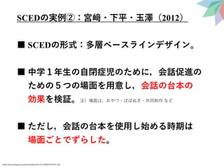 SCEDの実例②：宮﨑・下平・玉澤（2012）
■ SCEDの形式：多層ベースラインデザイン。
■ 中学１年生の自閉症児のために，会話促進の
ための５つの場面を用意し，会話の台本の
効果を検証。注）場面は，おやつ・ばばぬき・共同制作 など
■ ただし，会話の台本を使用し始める時期は
場面ごとでずらした。
https://www.jstage.jst.go.jp/article/jjba/26/2/26_KJ00007979397/_pdf
 