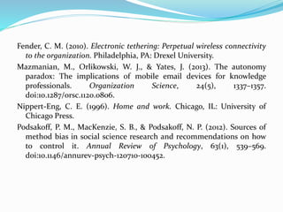 Fender, C. M. (2010). Electronic tethering: Perpetual wireless connectivity
to the organization. Philadelphia, PA: Drexel University.
Mazmanian, M., Orlikowski, W. J., & Yates, J. (2013). The autonomy
paradox: The implications of mobile email devices for knowledge
professionals. Organization Science, 24(5), 1337–1357.
doi:10.1287/orsc.1120.0806.
Nippert-Eng, C. E. (1996). Home and work. Chicago, IL: University of
Chicago Press.
Podsakoff, P. M., MacKenzie, S. B., & Podsakoff, N. P. (2012). Sources of
method bias in social science research and recommendations on how
to control it. Annual Review of Psychology, 63(1), 539–569.
doi:10.1146/annurev-psych-120710-100452.
 