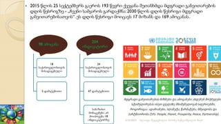 2015 წლის 25 სექტემბერს გაეროს 193 წევრი ქვეყანა შეთანხმდა მდგრადი განვითარების
დღის წესრიგზე - „ჩვენი სამყაროს გარდაქმნა: 2030 წლის დღის წესრიგი მდგრადი
განვითარებისათვის“. ეს დღის წესრიგი მოიცავს 17 მიზანს და 169 ამოცანას..
98 ამოცანა
18
საქართველოსთვის
მისადაგებული
5 დამატებითი
204
ინდიკატორი
24
საქართველოსთვის
მისადაგებული
47 დამატებითი
საბაზისო
მონაცემები არ
მოიპოვება 18
ინდიაკატორზე 2/12/2023 სლაიდი შედგენილია მარინე რეხვიაშვილის მიერ
 